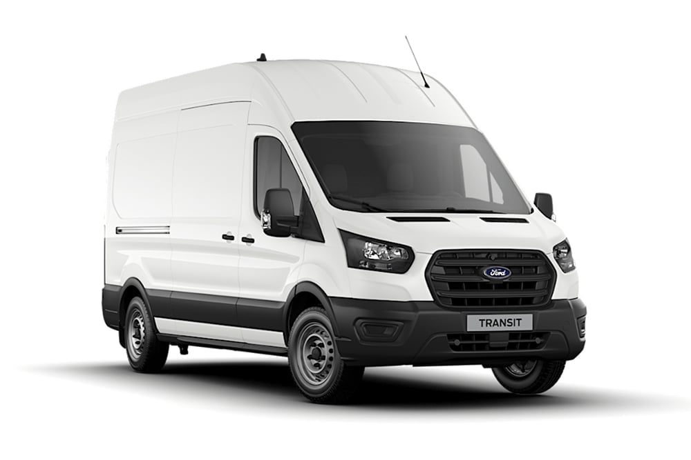 Ford Transit Kastenwagen in Weiß. Dreiviertelansicht, vor einem weißen Hintergrund.
