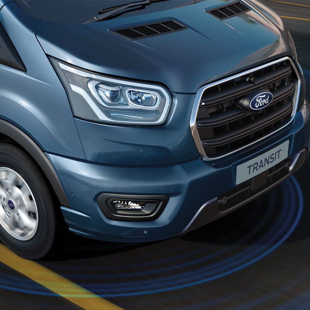 Ford Transit Kastenwagen in Blau. Dreiviertelansicht von vorne, Illustration des Fahrspur-Assistent.