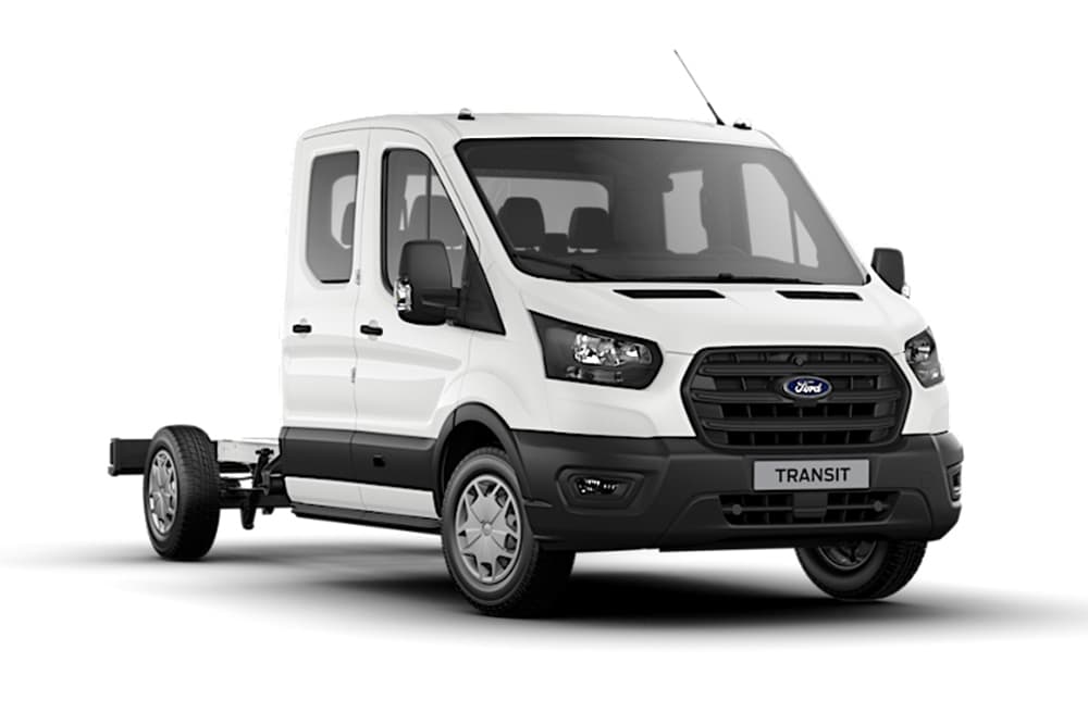 Ford Transit Fahrgestell Doppelkabine Trend in Weiß.