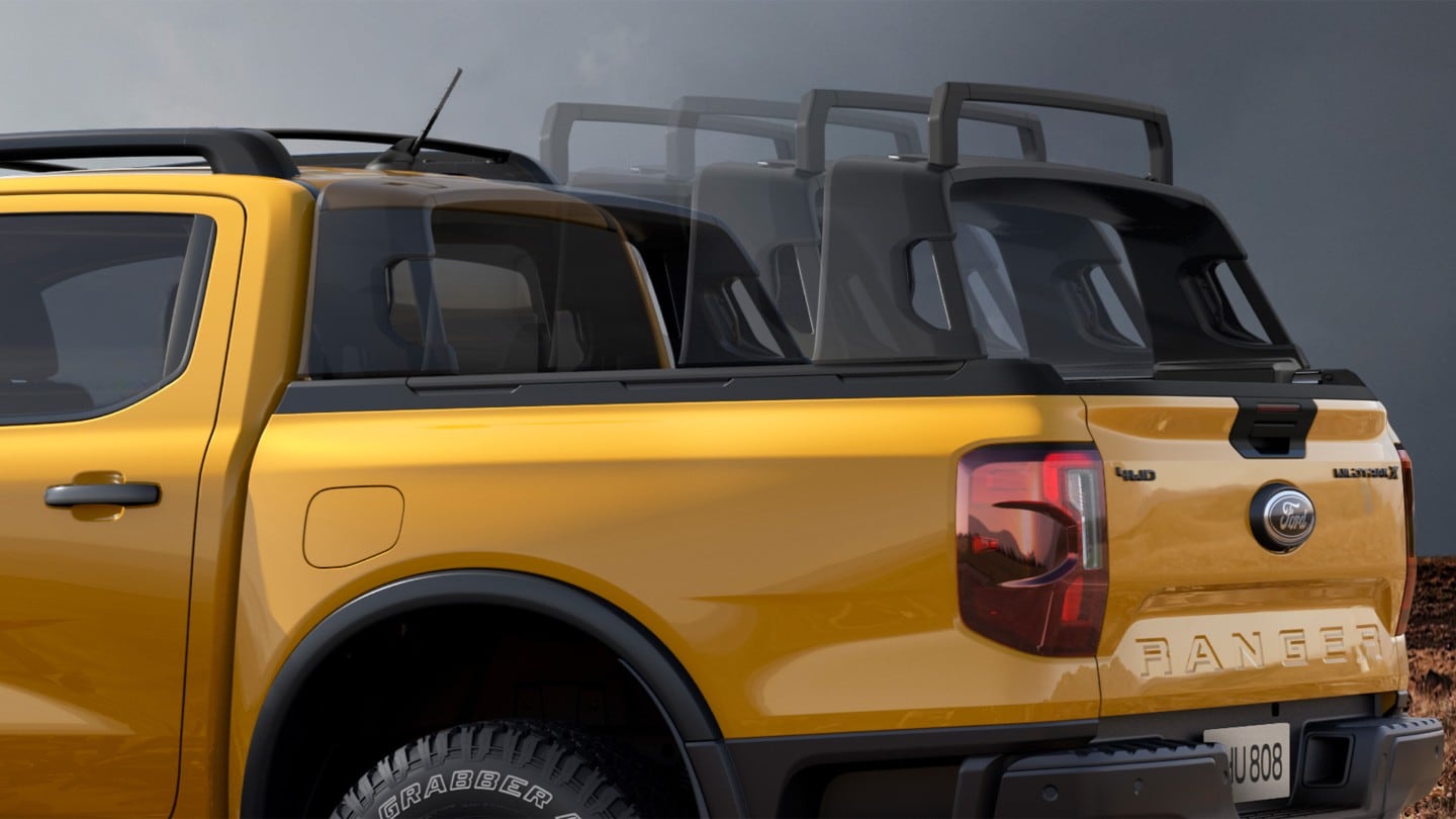Ford Ranger in Orange. Visualisierung der einstellbaren Sportbügel.