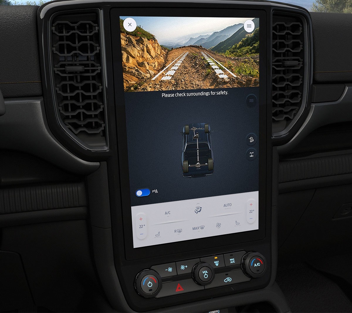 Ford Ranger Wildtrak X Innenraum. Detailansicht des 12-Zoll-Touchscreens.