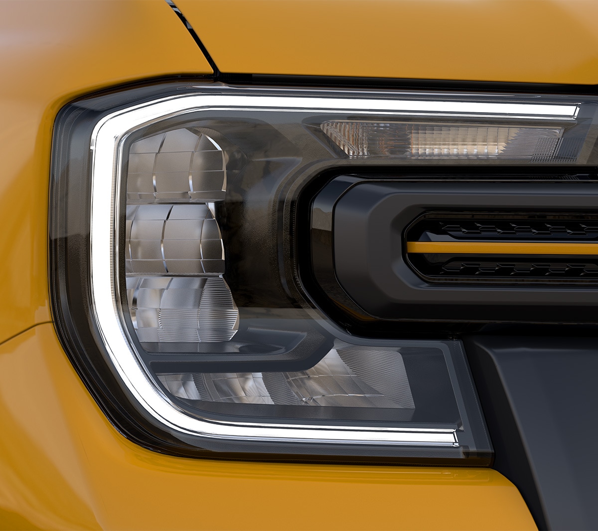Ford Ranger Wildtrak X in Orange. Detailansicht der LED-Scheinwerfer.