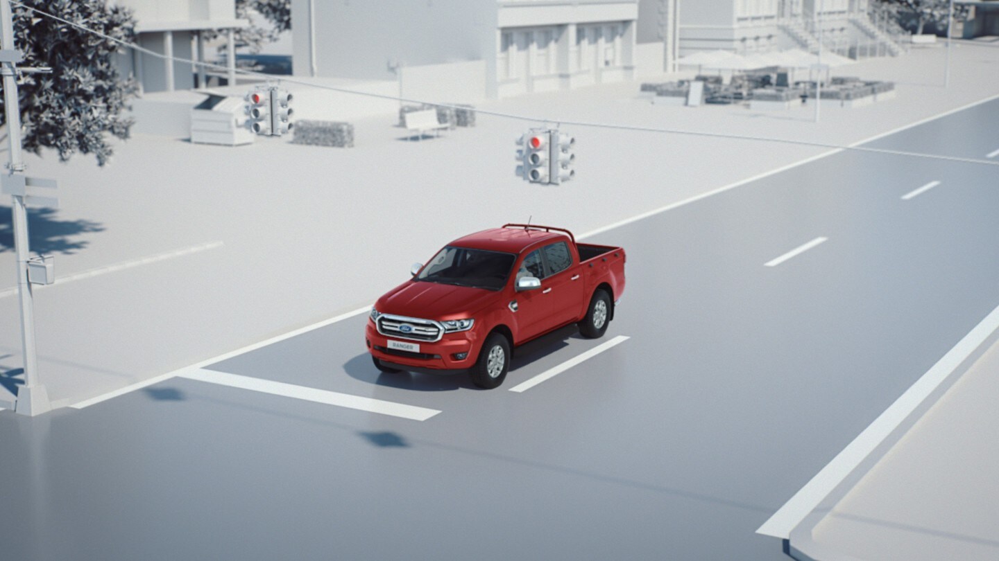 Ford Ranger in Rot. Illustration Start-Stopp-System