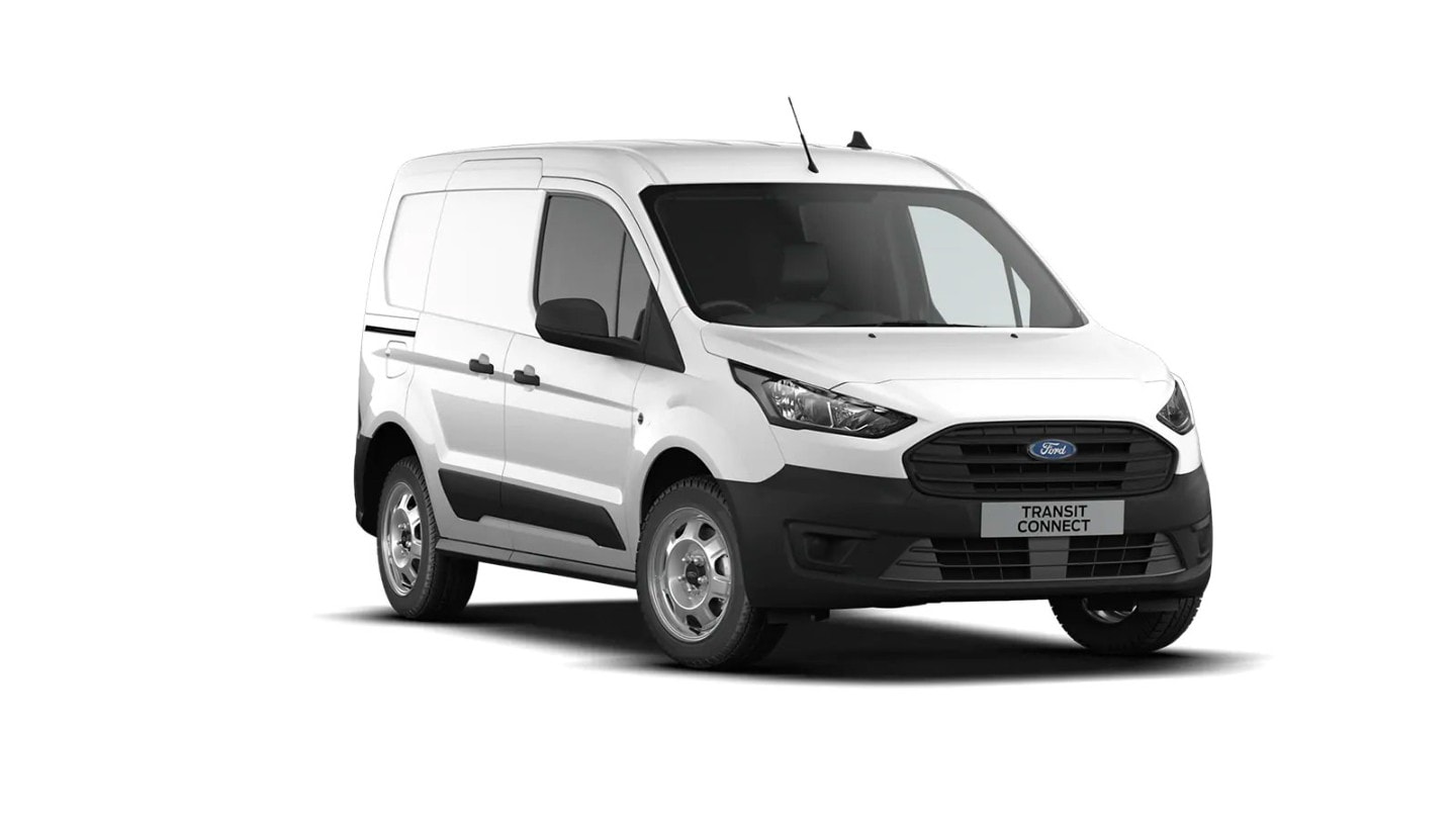 Ford Transit Connect Kastenwagen Doppelkabine in Weiß. Dreiviertelansicht von vorne