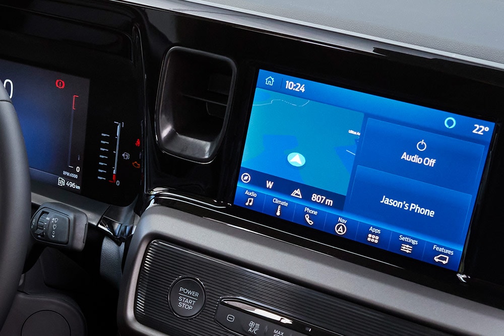 Ford Transit Courier Innenraum. Detailansicht der Telefonhalterung.