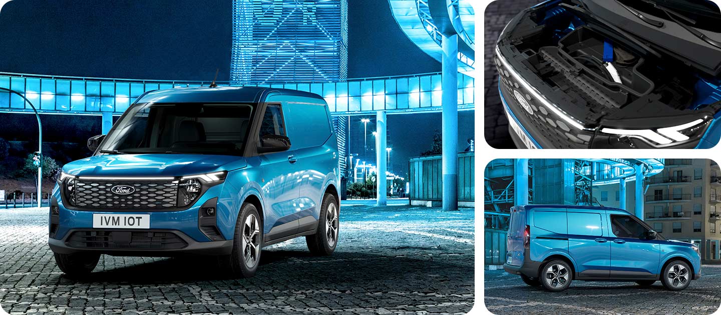Ford E-Transit Courier in Blau. Dreiviertelansicht und Seitenansicht, stehend vor einer Garage bei Nacht. Detailansicht des Front-Kofferraums. 
