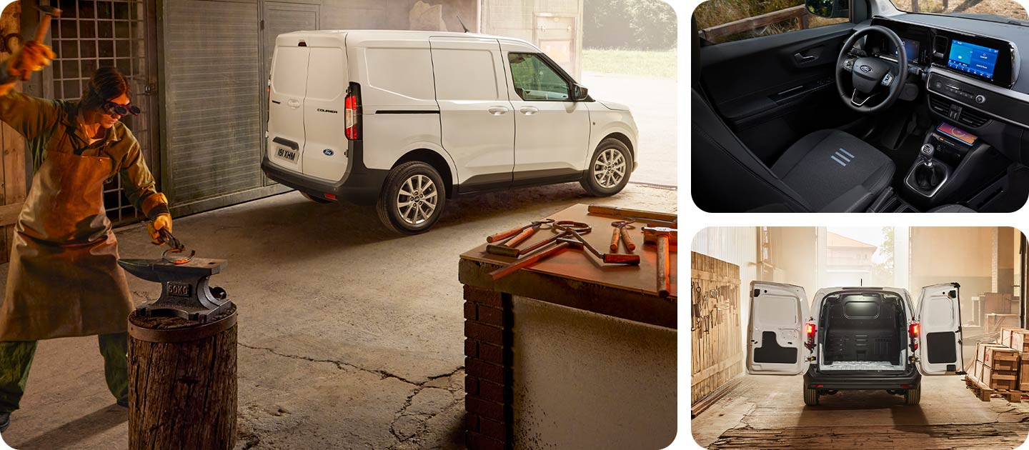 Ford Transit Courier, steht in einer Werkstatt. Schmied arbeitet im Vordergrund. Heckansicht, stehend in einer Werkstatt mit geöffneten Hecktüren. Ansicht auf Vordersitz und Armaturenbrett mit Ford SYNC 4-Touchscreen.