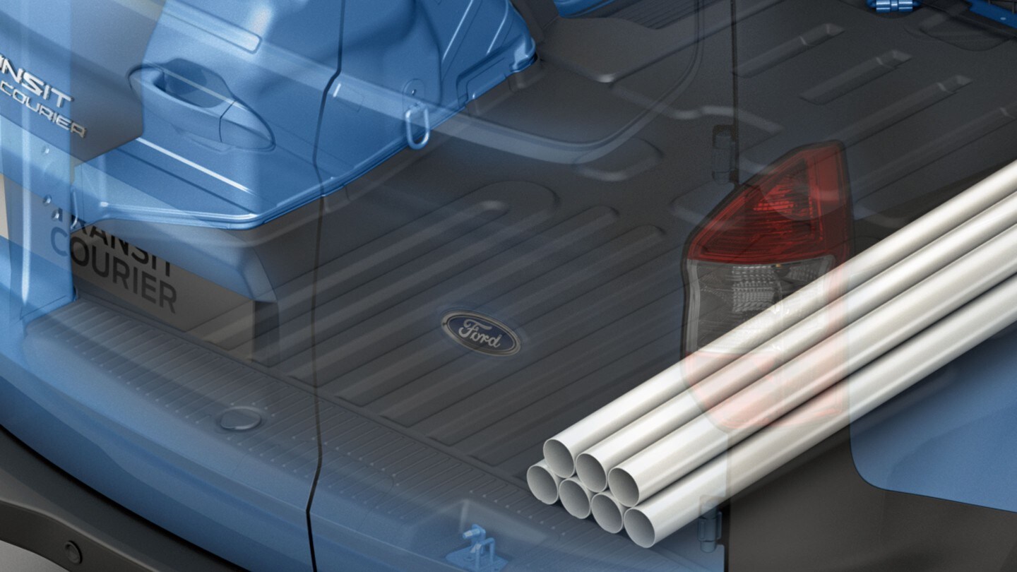 Ford Transit Courier in Blau. Heckansicht, Illustration Verzurrvorrichtung