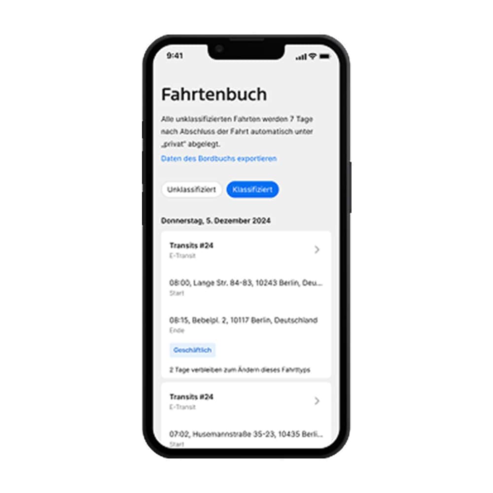  Ford Pro Telematics Drive Screenshot mit einem Fahrtenbuch, das die letzten Fahrten eines Fahrzeugs anzeigt.