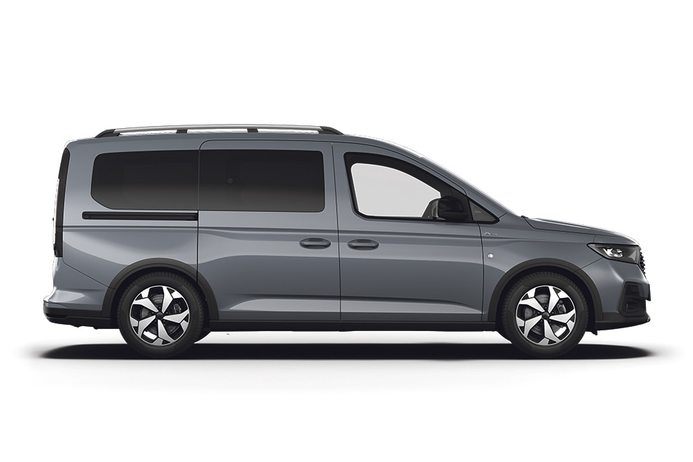 Ford Tourneo Connect in Grau. Seitenansicht, vor einem weißen Hintergrund.