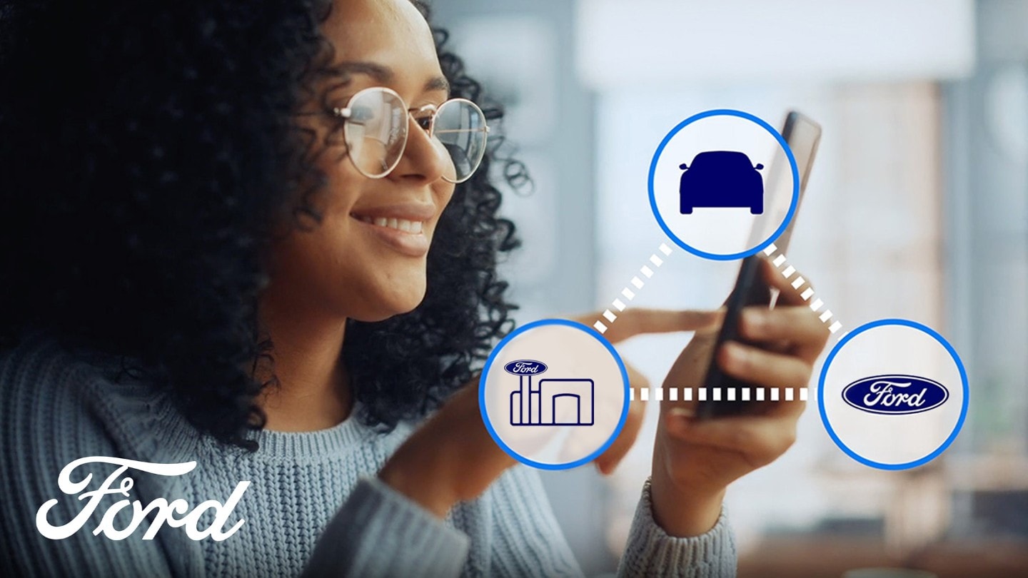 Grafik FordPass Connect mit einem Smartphone und Ford Fahrzeug.